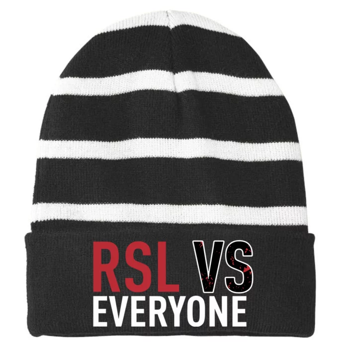 Emeka Eneli Wearing Rsl Vs Everyone Striped Beanie with Solid Band