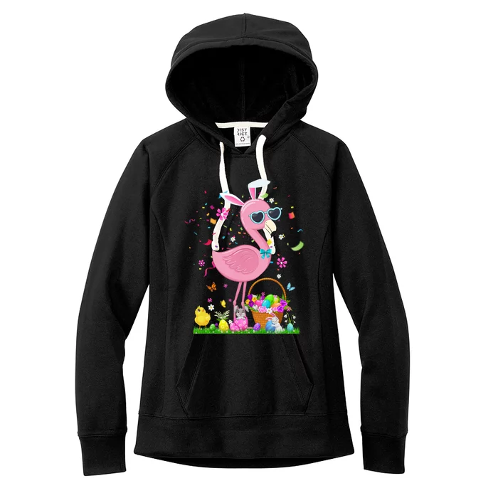 Easter Flamingo Bunny Ears With Easter Basket 2021 Gift Women's Fleece Hoodie