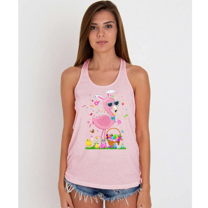 Easter Flamingo Bunny Ears With Easter Basket 2021 Gift Women's Knotted Racerback Tank