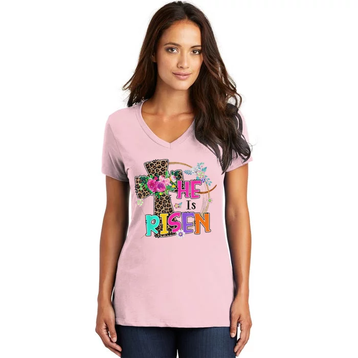 Easter For Christian Teen Girls Mom He Is Risen Leopard Women's V-Neck T-Shirt