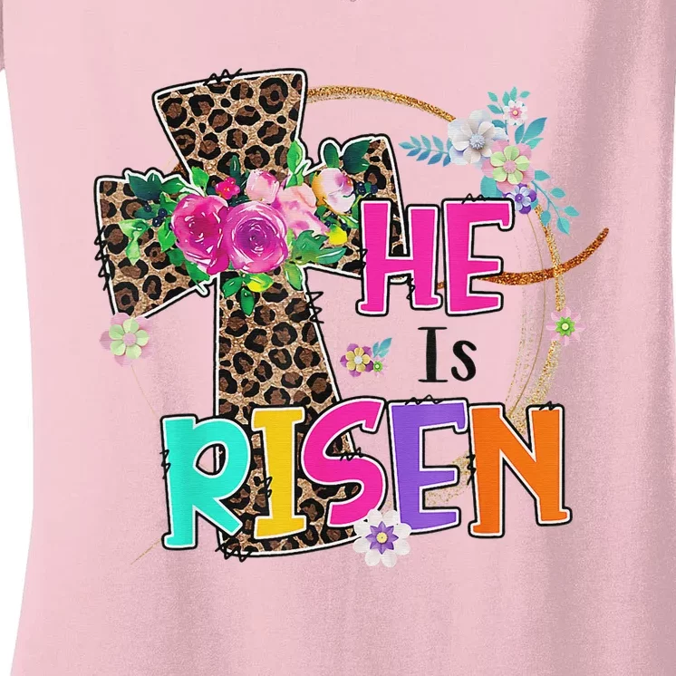 Easter For Christian Teen Girls Mom He Is Risen Leopard Women's V-Neck T-Shirt