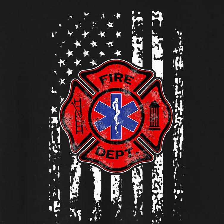 EMT Firefighter Fireman EMS USA Flag Gift Back Women's Crop Top Tee