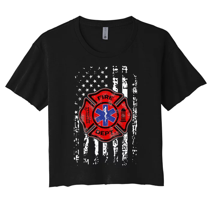 EMT Firefighter Fireman EMS USA Flag Gift Back Women's Crop Top Tee