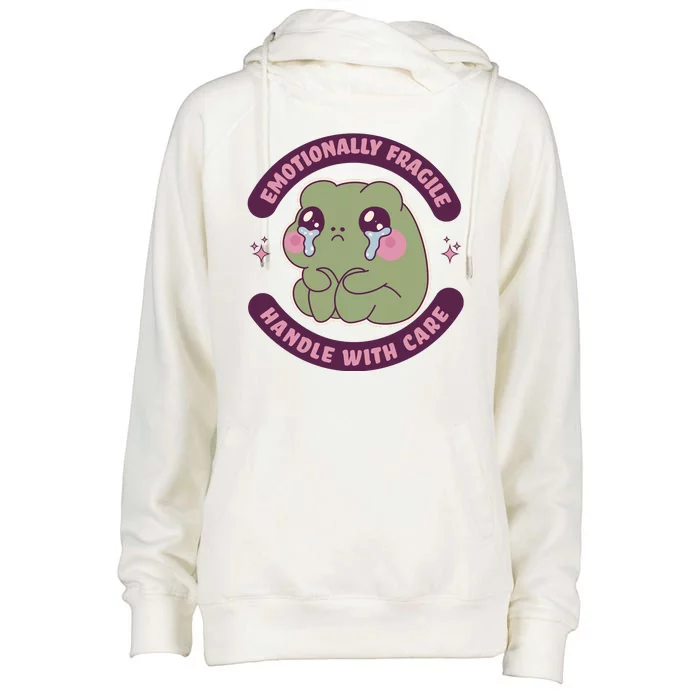 Emotionally Fragile Handle With Care Cute Crying Frog Womens Funnel Neck Pullover Hood