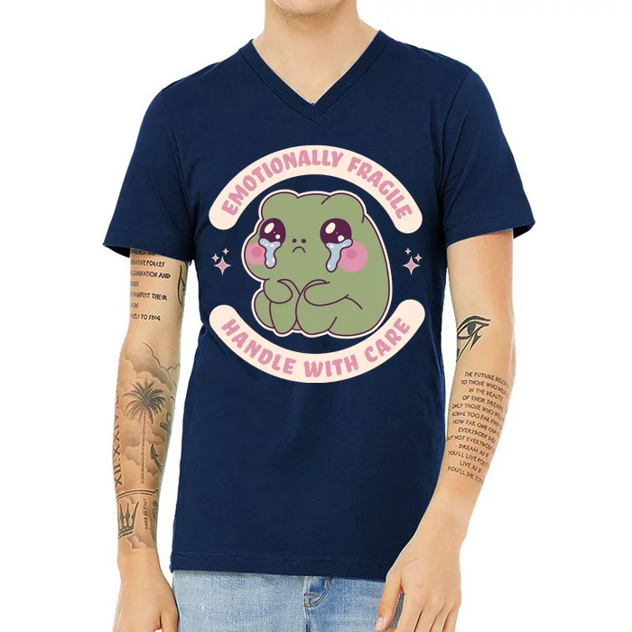 Emotionally Fragile Handle With Care Cute Crying Frog V-Neck T-Shirt