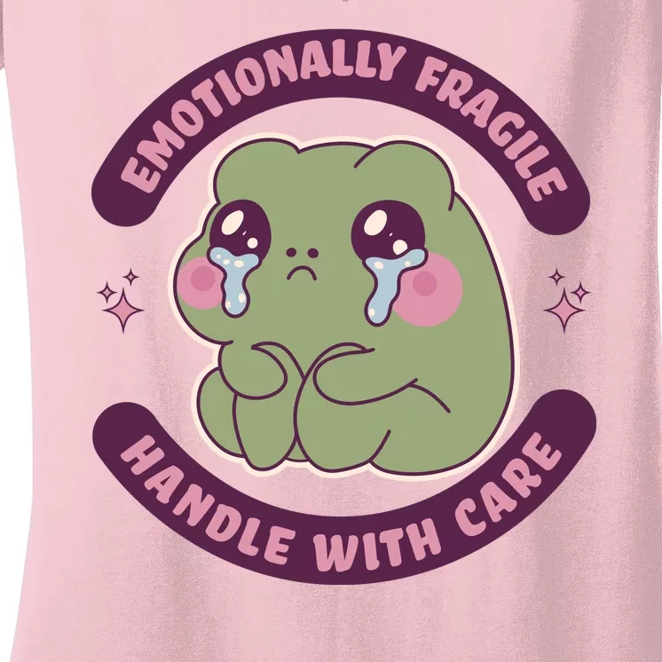 Emotionally Fragile Handle With Care Cute Crying Frog Women's V-Neck T-Shirt