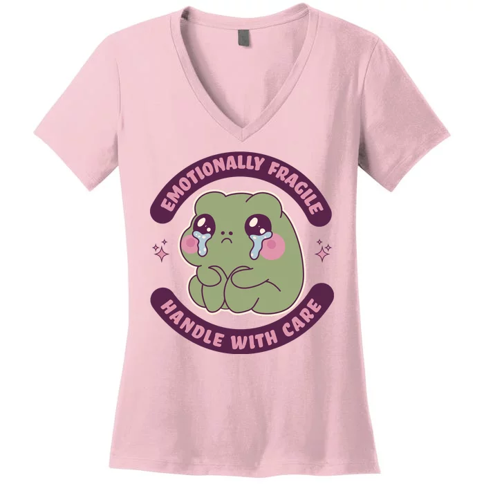 Emotionally Fragile Handle With Care Cute Crying Frog Women's V-Neck T-Shirt