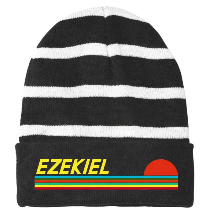 Ezekiel First Name Logo Retro Sunset Surfer Style Ezekiel Striped Beanie with Solid Band