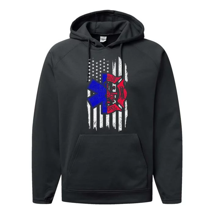 EMT Firefighter Paramedic Fireman EMS American Flag Performance Fleece Hoodie