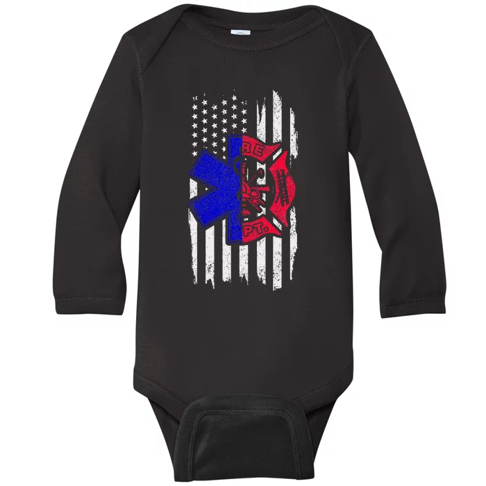 EMT Firefighter Paramedic Fireman EMS American Flag Baby Long Sleeve Bodysuit