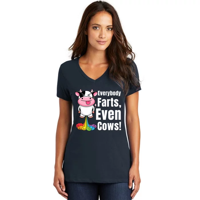 Everybody Farts, Rainbow Farting Cow, Adults Funny Fart Women's V-Neck T-Shirt