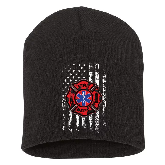 EMT Firefighter Shirts Fireman EMS USA Flag Gift Back Print Short Acrylic Beanie