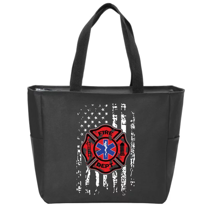 EMT Firefighter Shirts Fireman EMS USA Flag Gift Back Print Zip Tote Bag