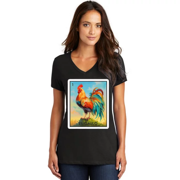 El Gallo Mexican Lottery Bingo Game Traditional Rooster Card Women's V-Neck T-Shirt