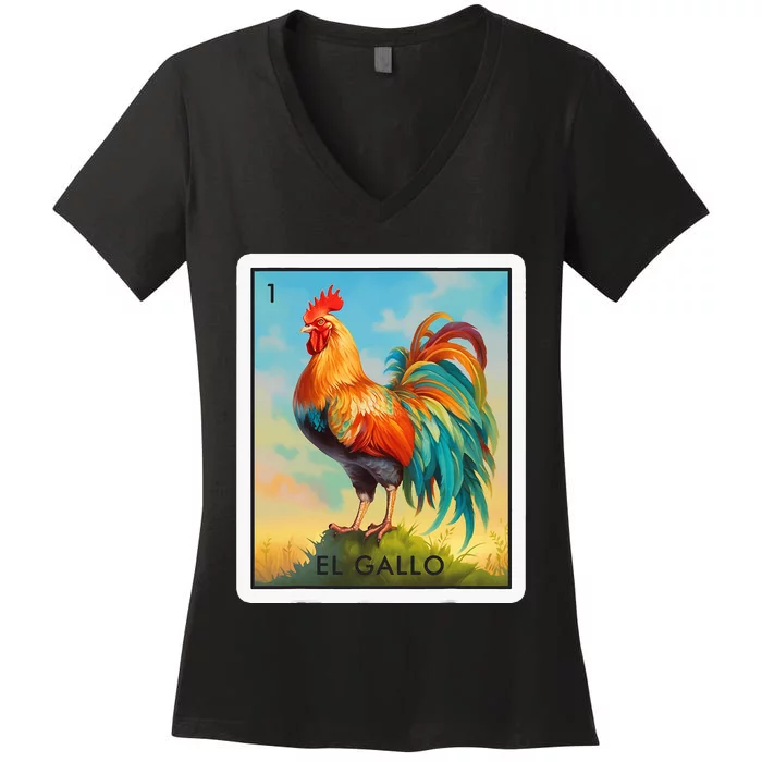 El Gallo Mexican Lottery Bingo Game Traditional Rooster Card Women's V-Neck T-Shirt