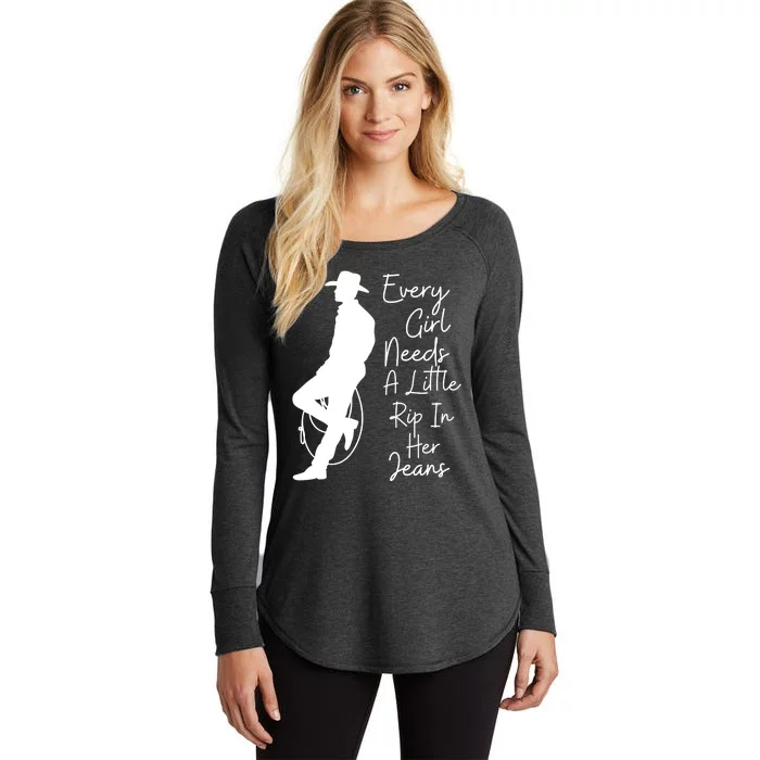 Every Girl Needs A Little Rip In Her Jean Cowboy Women's Perfect Tri Tunic Long Sleeve Shirt