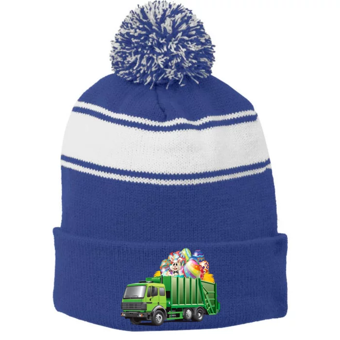 Easter Garbage Truck Eggs Funny Easter Day Great Gift Stripe Pom Pom Beanie