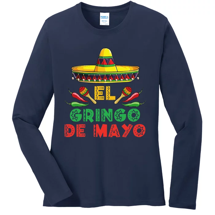 El Gringo With Cactus Sombrero Cinco De Mayo Guitar Ladies Long Sleeve Shirt