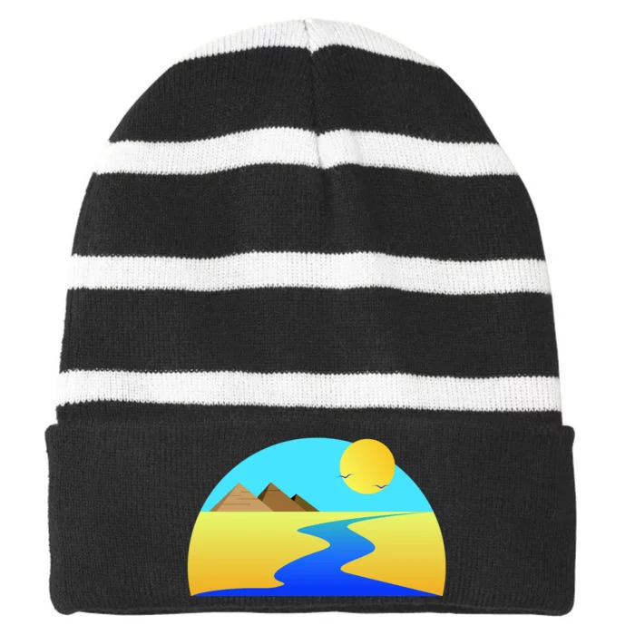 Egypt Nile River Sunset Striped Beanie with Solid Band