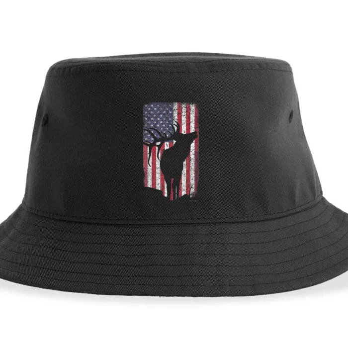 Elk Hunting Bugling Bull Us Flag American Retro Sustainable Bucket Hat