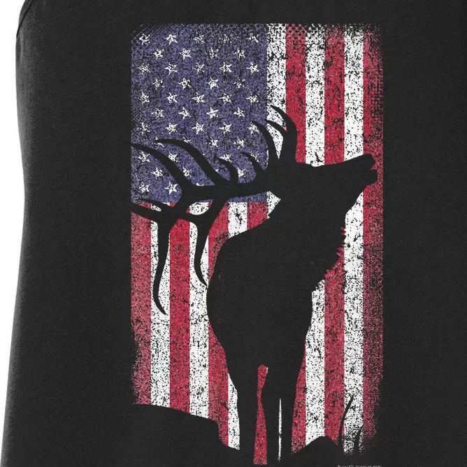 Elk Hunting Bugling Bull Us Flag American Retro Women's Racerback Tank