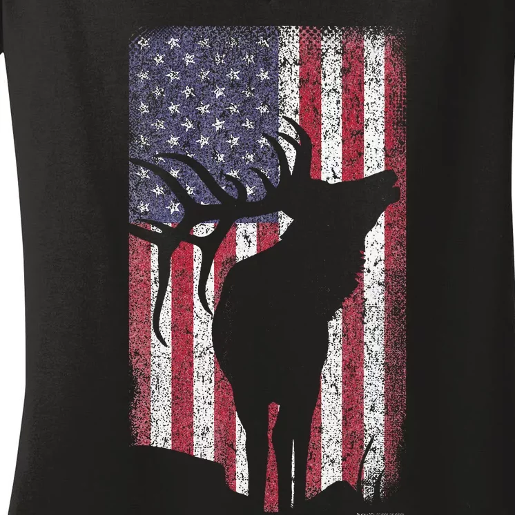 Elk Hunting Bugling Bull Us Flag Women's V-Neck T-Shirt