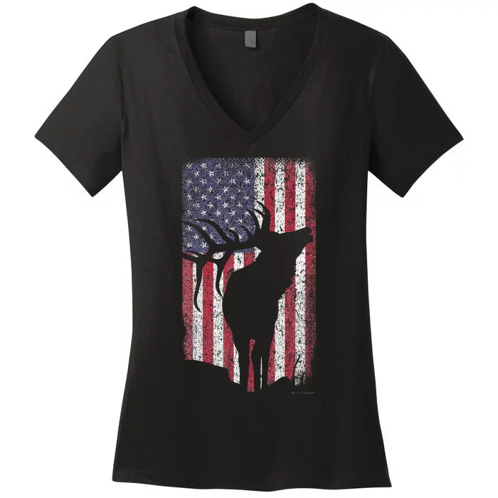 Elk Hunting Bugling Bull Us Flag Women's V-Neck T-Shirt