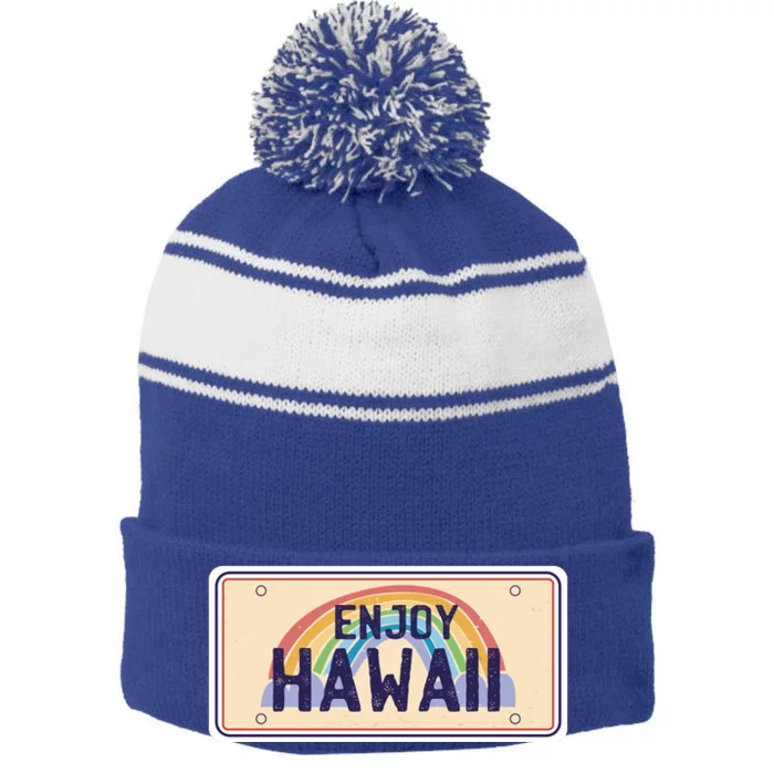 Enjoy Hawaii Car Plate Stripe Pom Pom Beanie