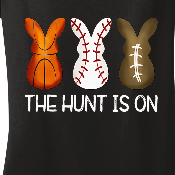 Egg Hunt Is On Bunny Baseball Basketball Easter Women's V-Neck T-Shirt