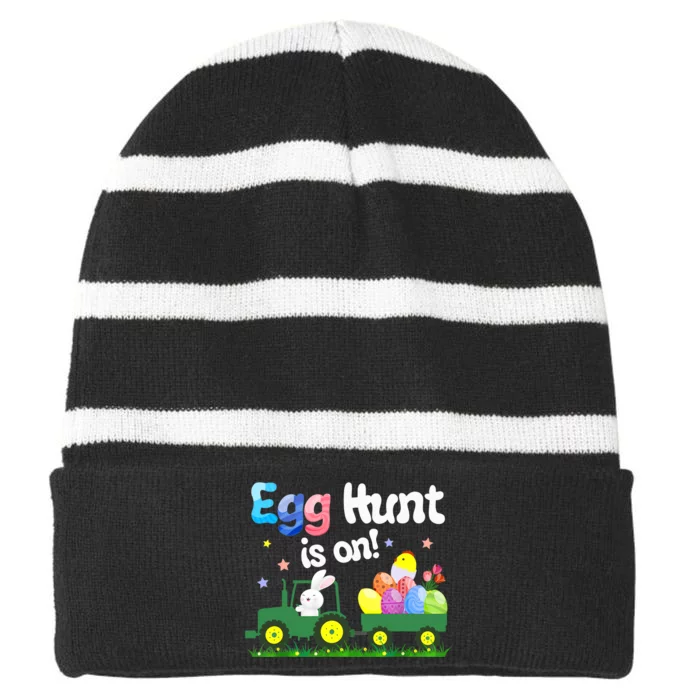 Egg Hunt Is On Tractor Funny Easter Bunny Boy Striped Beanie with Solid Band