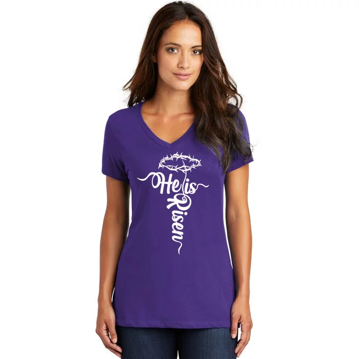 Easter He Is Risen Jesus Crown Of Thorns Cross Women's V-Neck T-Shirt