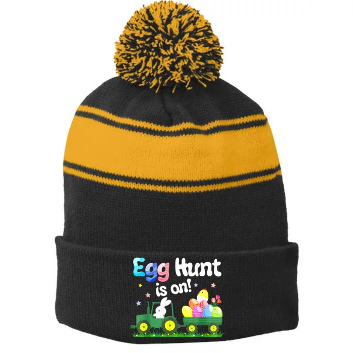 Egg Hunt Is On Tractor Funny Easter Bunny Stripe Pom Pom Beanie