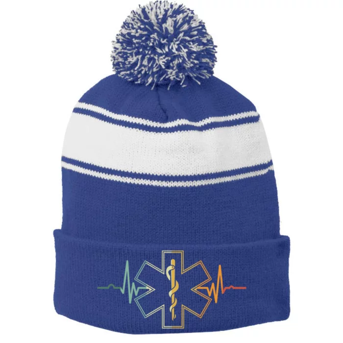 Emt Heartbeat Medical Worker First Responder Health Worker Funny Gift Stripe Pom Pom Beanie