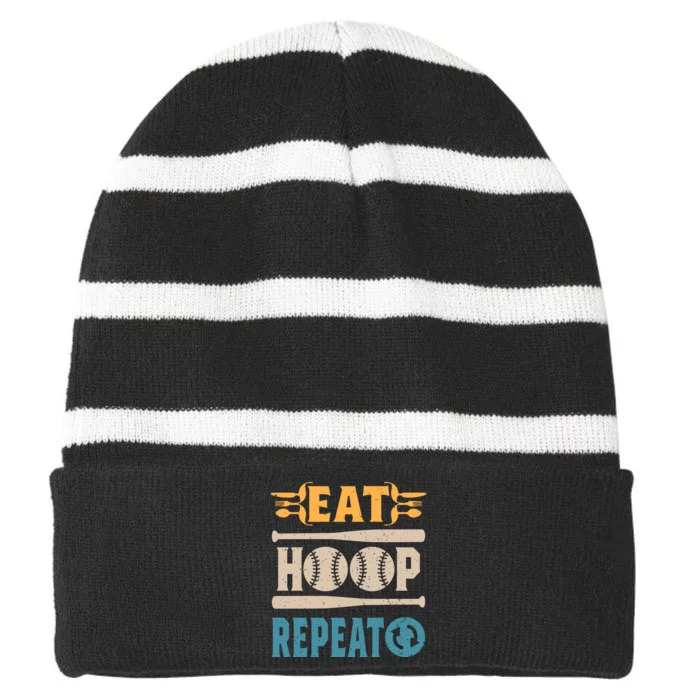 Eat Hoop Repeat Funny Baseball Striped Beanie with Solid Band