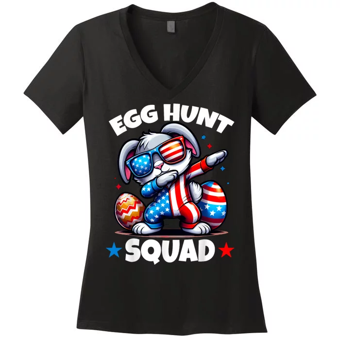 Egg Hunt Squad Funny Boy Easter Bunny Usa Flag Family Women's V-Neck T-Shirt