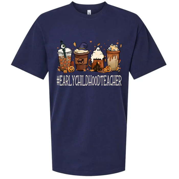 Early Hood Teacher Horror Fall Coffee Halloween Pumpkin Gift Sueded Cloud Jersey T-Shirt