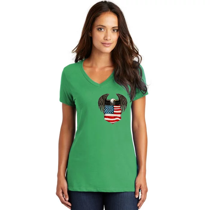 Eagle In American USA Flag Pocket Women's V-Neck T-Shirt