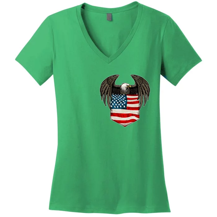 Eagle In American USA Flag Pocket Women's V-Neck T-Shirt