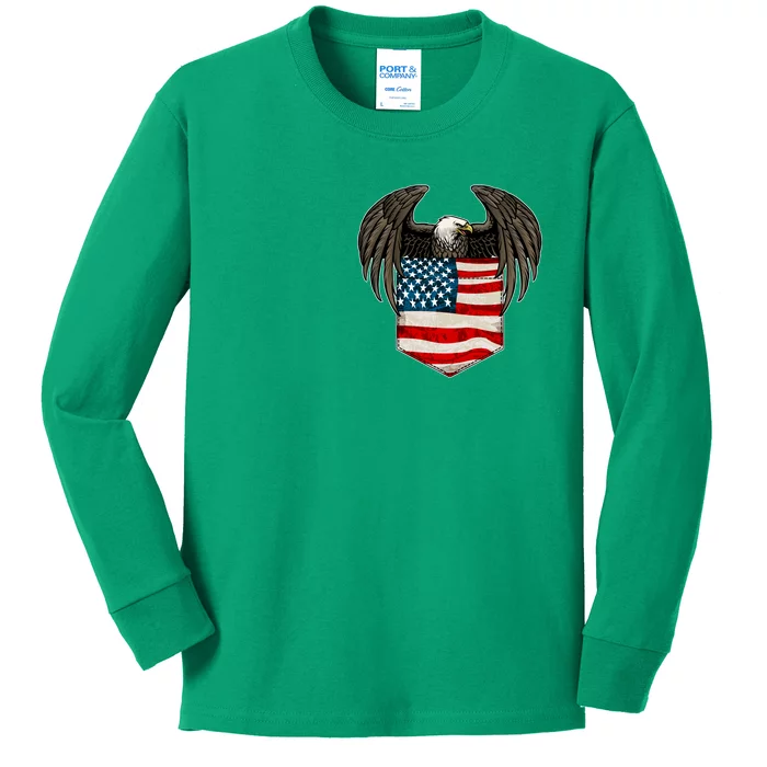 Eagle In American USA Flag Pocket Kids Long Sleeve Shirt