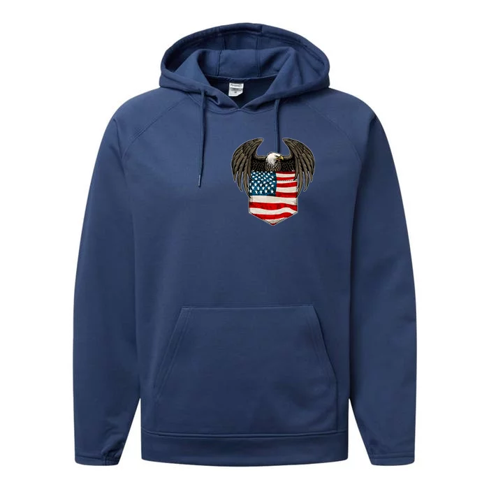 Eagle In American USA Flag Pocket Performance Fleece Hoodie