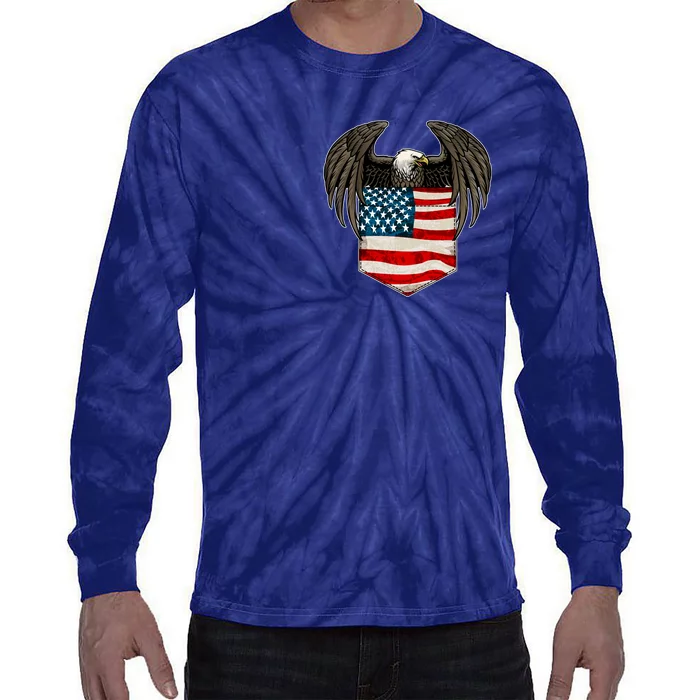 Eagle In American USA Flag Pocket Tie-Dye Long Sleeve Shirt