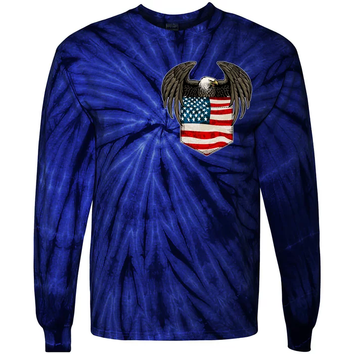 Eagle In American USA Flag Pocket Tie-Dye Long Sleeve Shirt