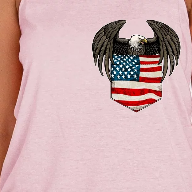 Eagle In American USA Flag Pocket Women's Knotted Racerback Tank