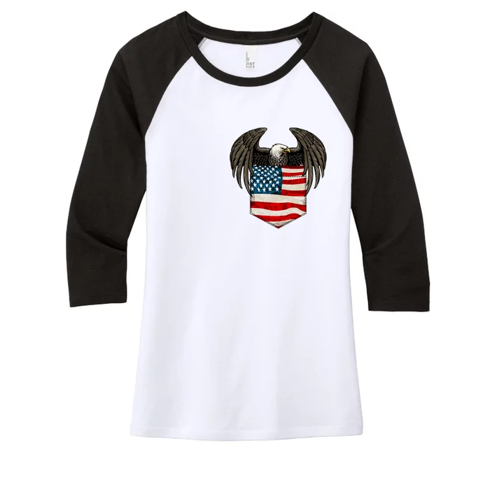 Eagle In American USA Flag Pocket Women's Tri-Blend 3/4-Sleeve Raglan Shirt