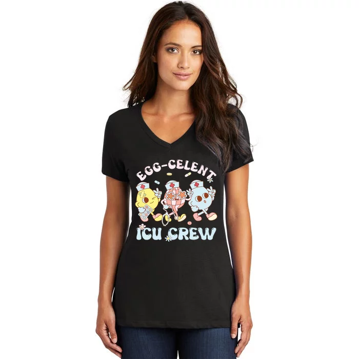 Eggcelent Icu Crew Eggs Nurse Nursing Easter Day Women Women's V-Neck T-Shirt