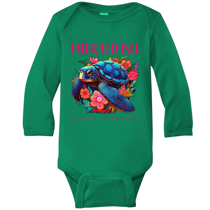 Emerald Isle North Carolina Floral Beach Turtle Souvenir Baby Long Sleeve Bodysuit