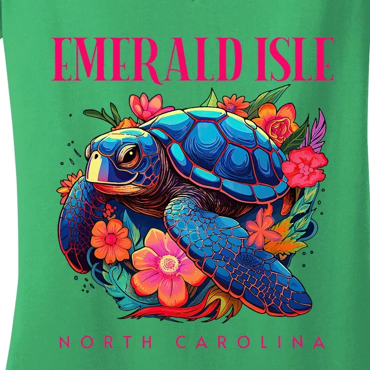 Emerald Isle North Carolina Floral Beach Turtle Souvenir Women's V-Neck T-Shirt