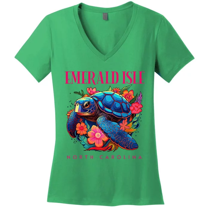 Emerald Isle North Carolina Floral Beach Turtle Souvenir Women's V-Neck T-Shirt