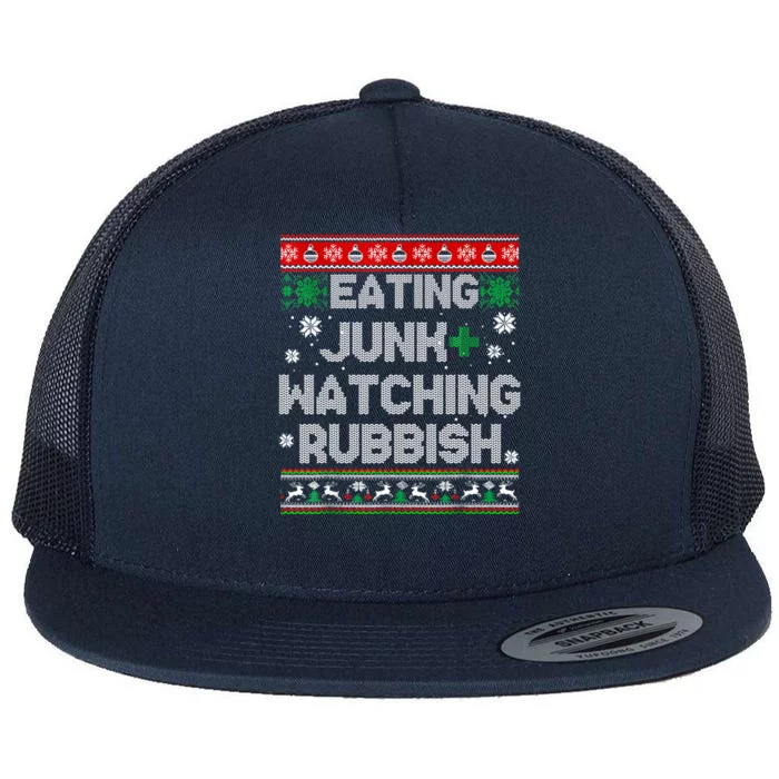 Eating Junk And Watching Rubbish Ugly Christmas Sweaters Flat Bill Trucker Hat