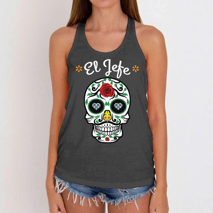 El Jefe Colorful Sugar Calavera Skull Dia De Los Muertos Women's Knotted Racerback Tank